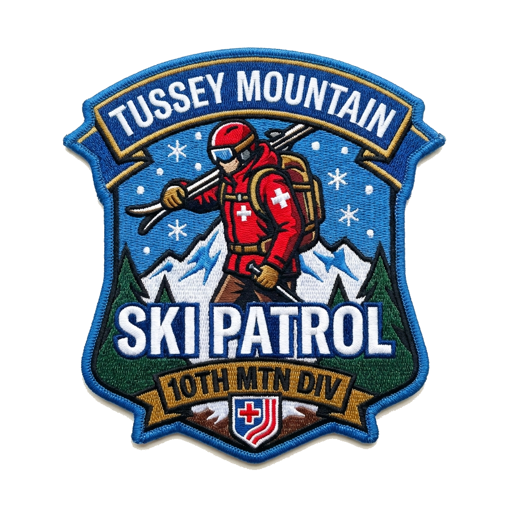 Tussey Mountain Ski Patrol, 10th Mountain Division, National Ski Patrol, Snow — custom patch designed with AI