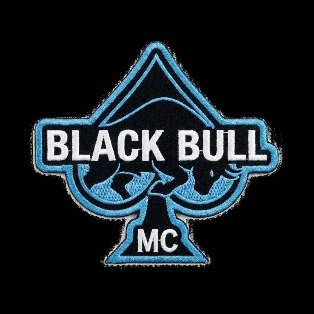 Main Feature: black bull mc with queen of spades no crown light blue outline — custom patch designed with AI