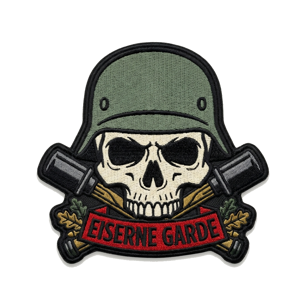 German helmet on a skull — custom patch designed with AI