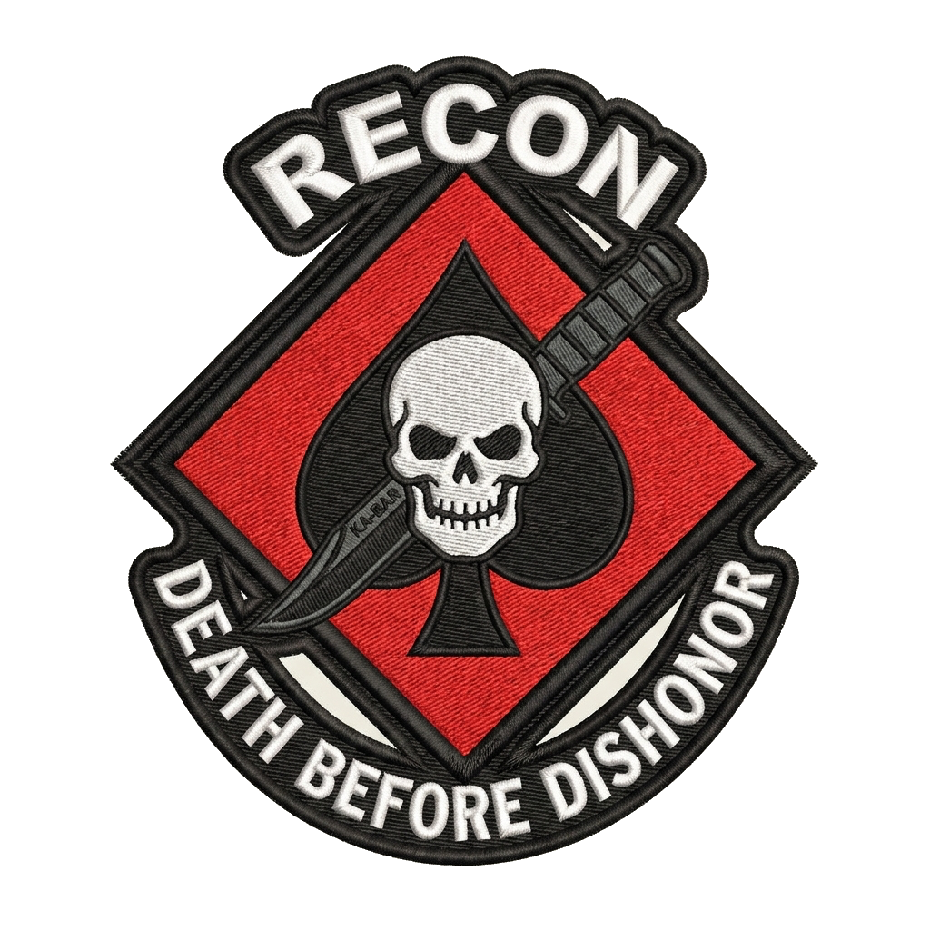 MC Diamond ♦️ in red with black spade ♠️ inside and USMC recon death before dishonor skull — custom patch designed with AI