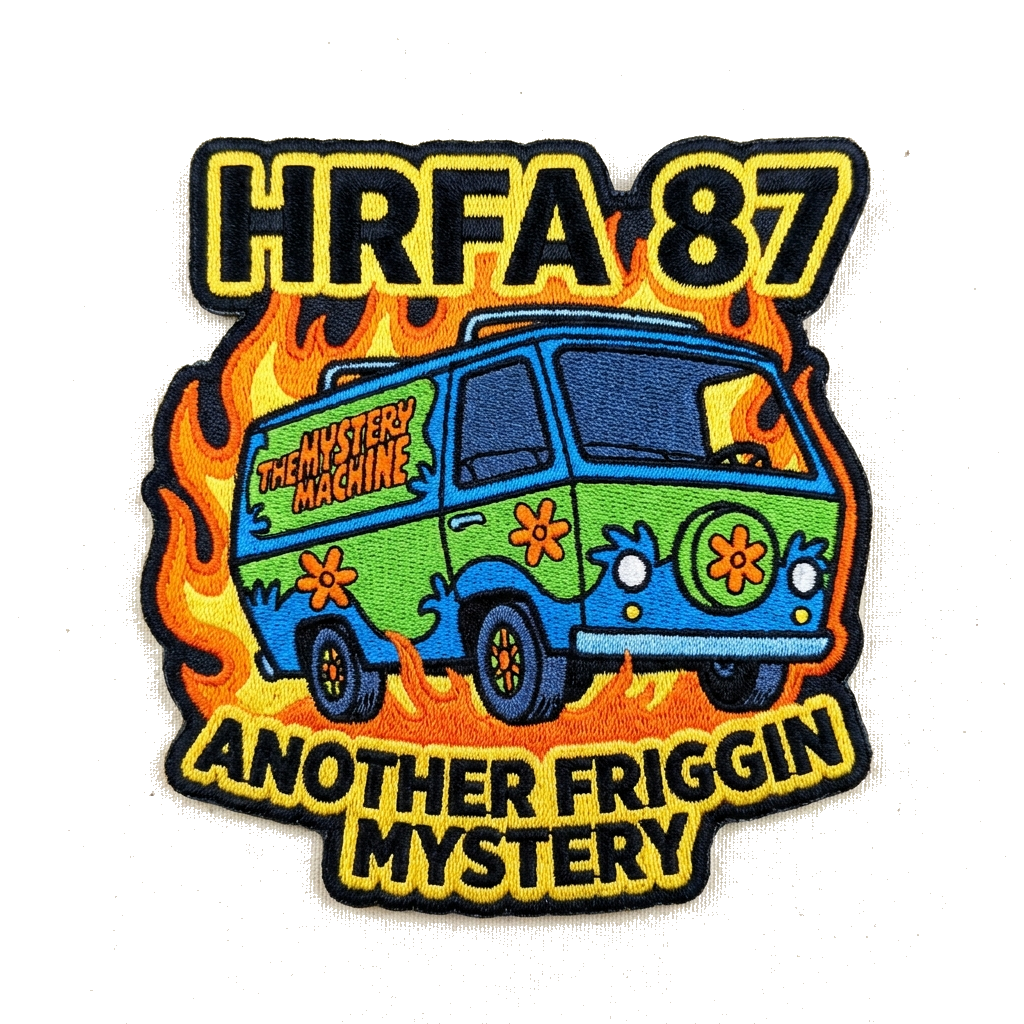 Fire department patch consisting of the Mystery machine with flames behind it, with "HRFA  — custom patch designed with AI