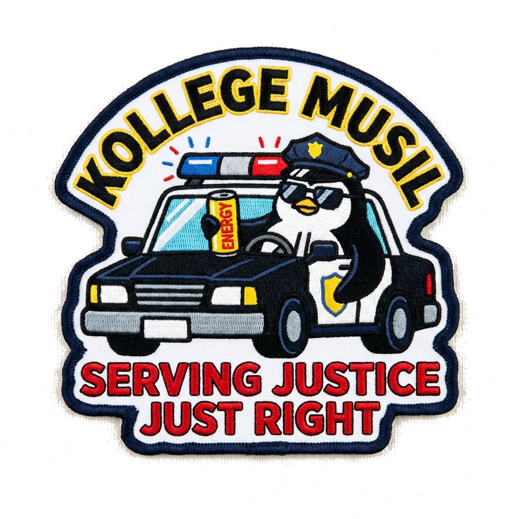 Text Kollege Musil - Penguin driving policecar and drinking energy drink - Text serving ju — custom patch designed with AI