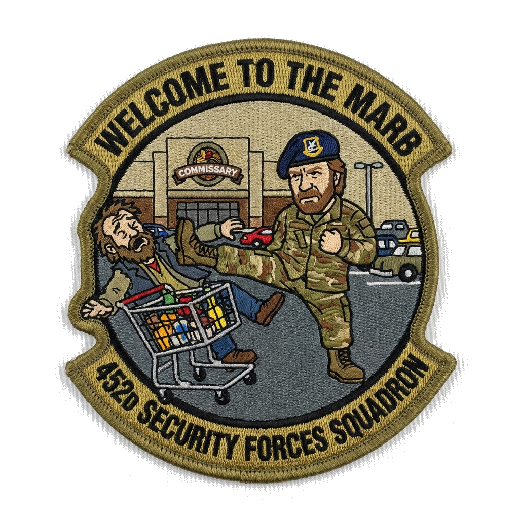 Use the dimensions of a circular USAF squadron patch. Say “Welcome to the MARB” within the — custom patch designed with AI