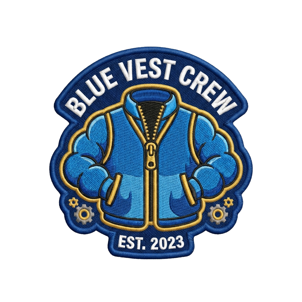 Blue vest with bubble sleeves — custom patch designed with AI