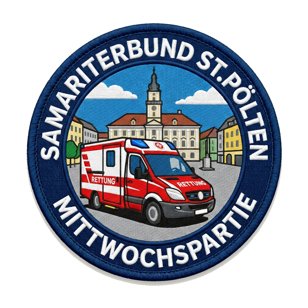 Erstell mir einen Runden Patch so ein rettungsauto und im Hintergrund der Rathaus Platz vo — custom patch designed with AI