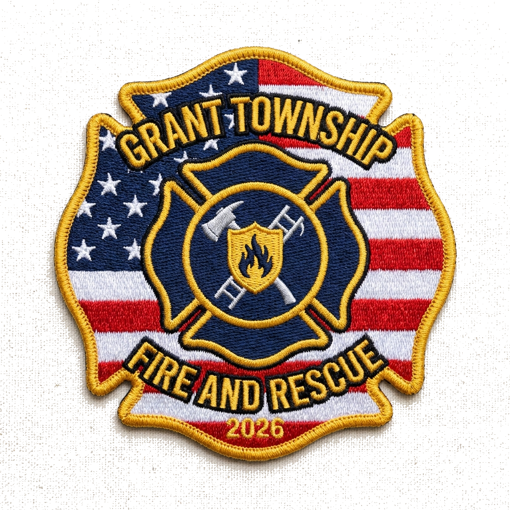 Fire Dept Maltese cross with American Flag background with grant township, fire and rescue — custom patch designed with AI