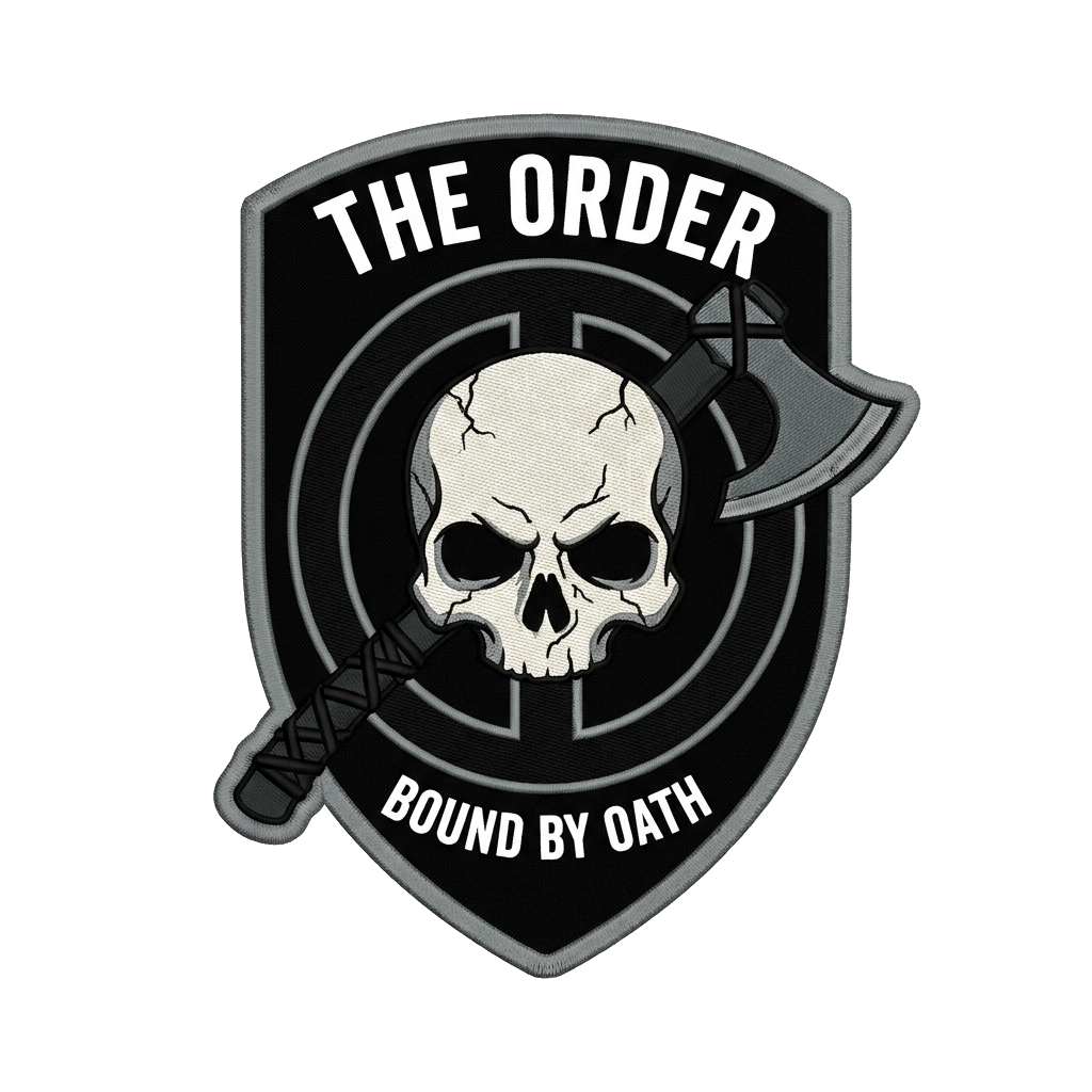 Front Layer — Jawless Skullelongated jawless skullhollow eye sockets shaped like the Order — custom patch designed with AI
