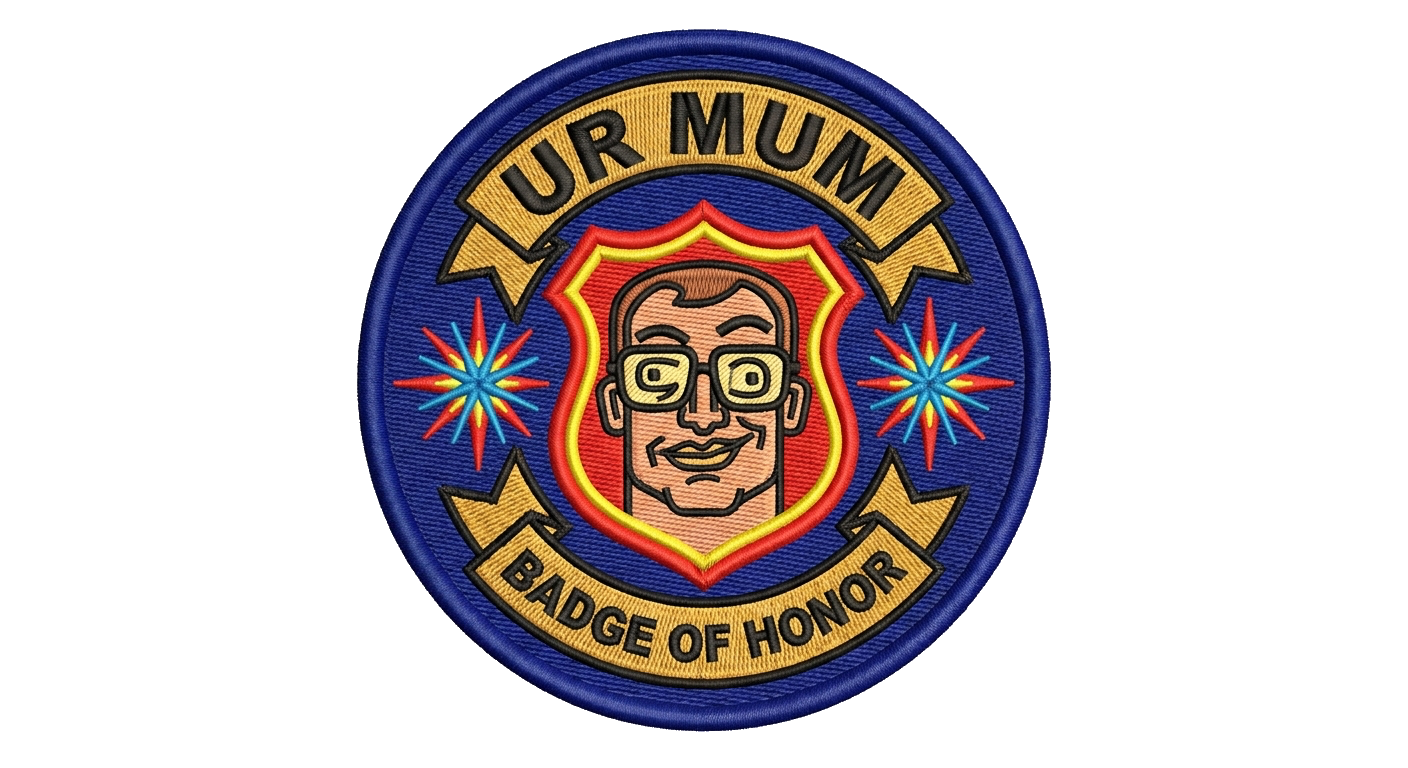 UR MUM badge that has a weird photo — custom patch designed with AI