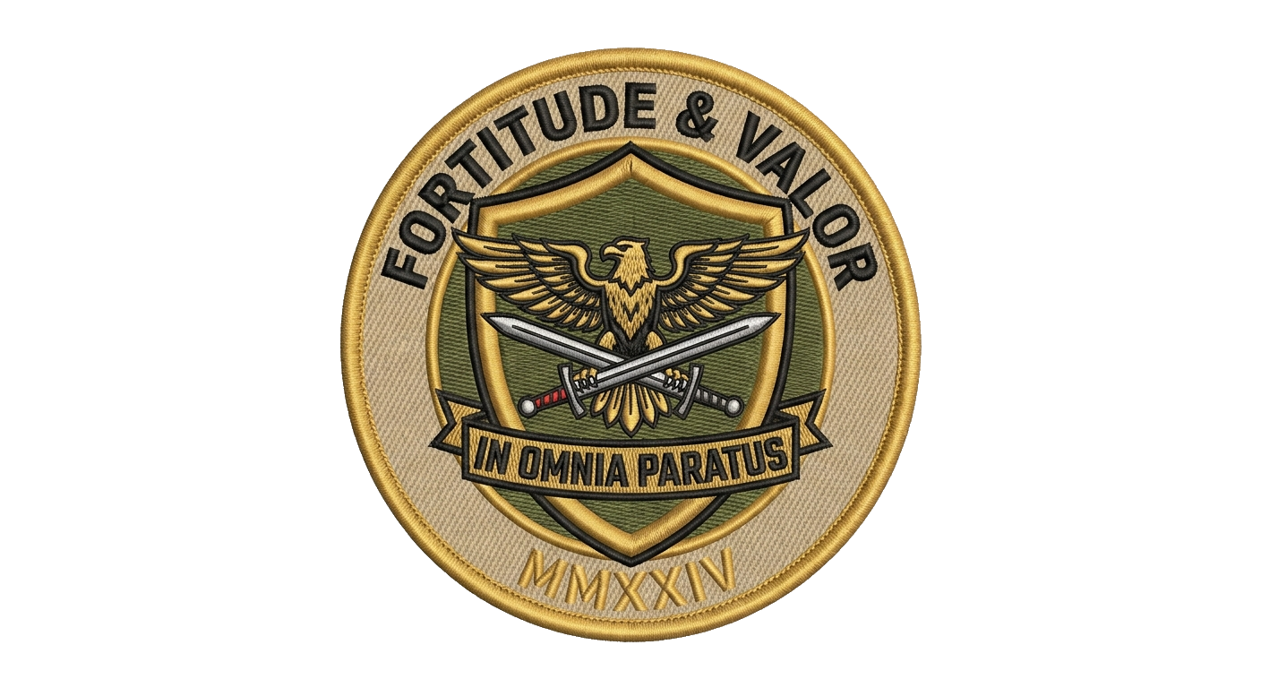 Military unit patch with eagle, crossed swords, and Latin motto — shield shape, olive and  — custom patch designed with AI