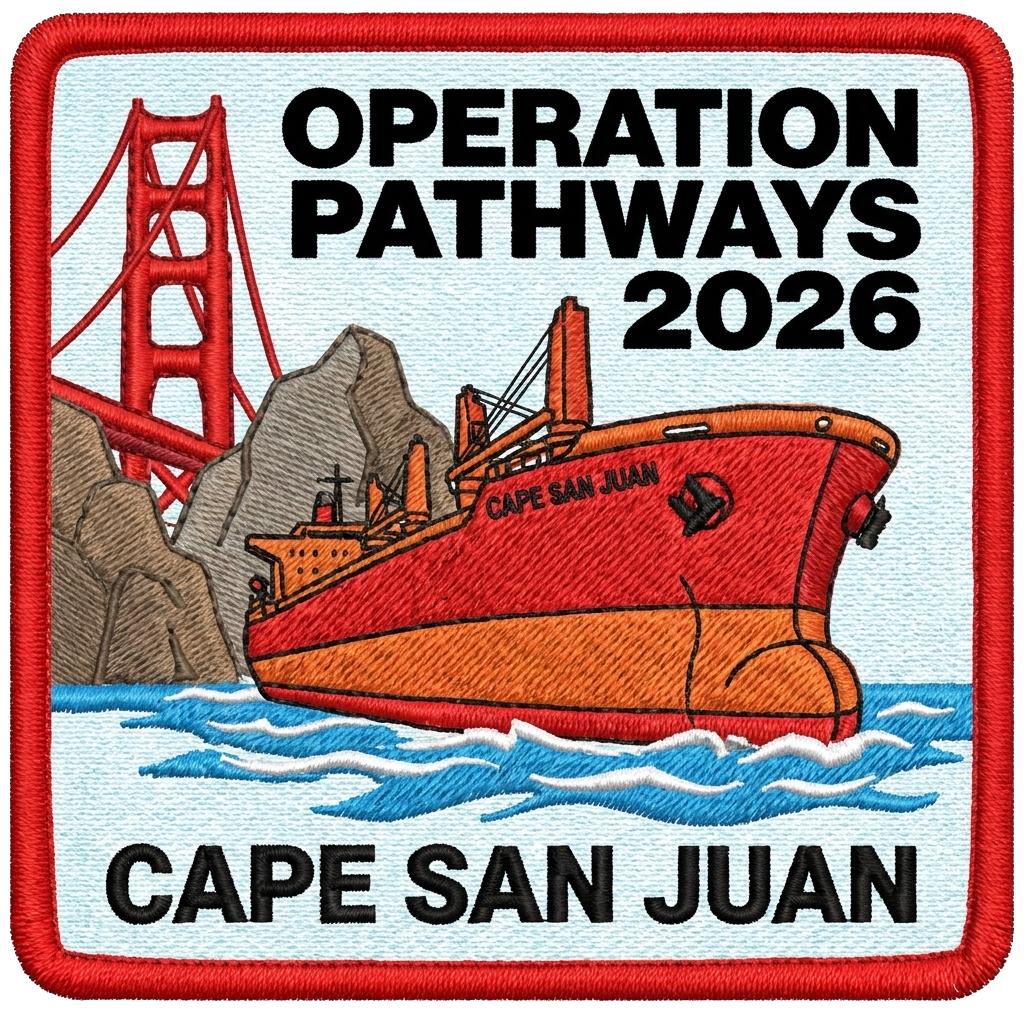 Focus on the ship. Include the text "Operation Pathways 2026" and "Cape San Juan" — custom patch designed with AI