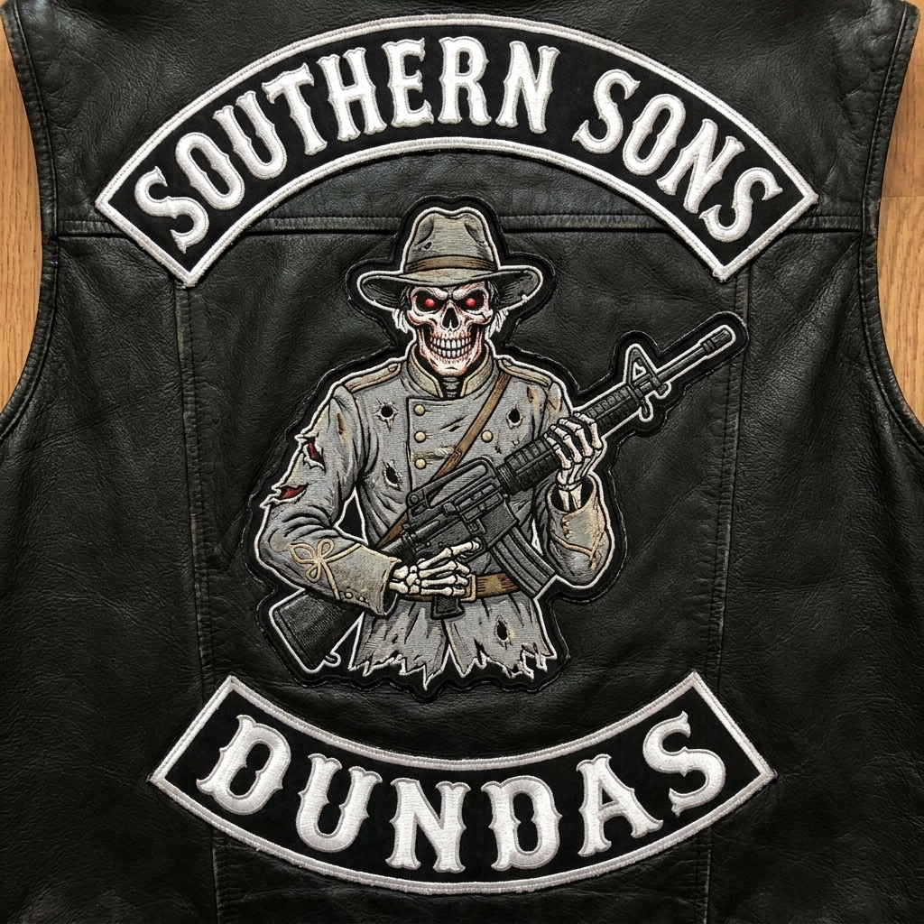A highly detailed 3-piece motorcycle club patch set on a black leather vest bac…