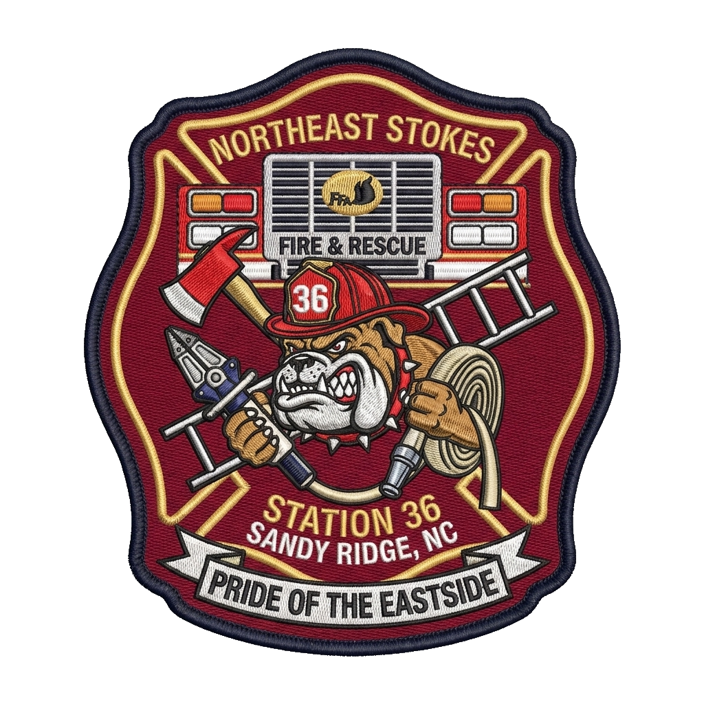 Northeast Stokes Fire & Rescue Station 36 Sandy Ridge, NC Pride of the Eastside with Bulld — custom patch designed with AI