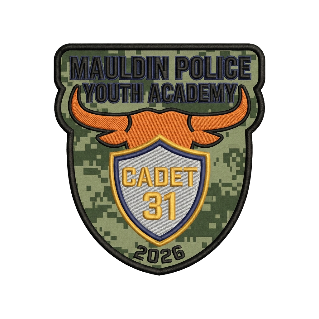 A military green Digitital camo print Mauldin Police Youth Academy in Black let…