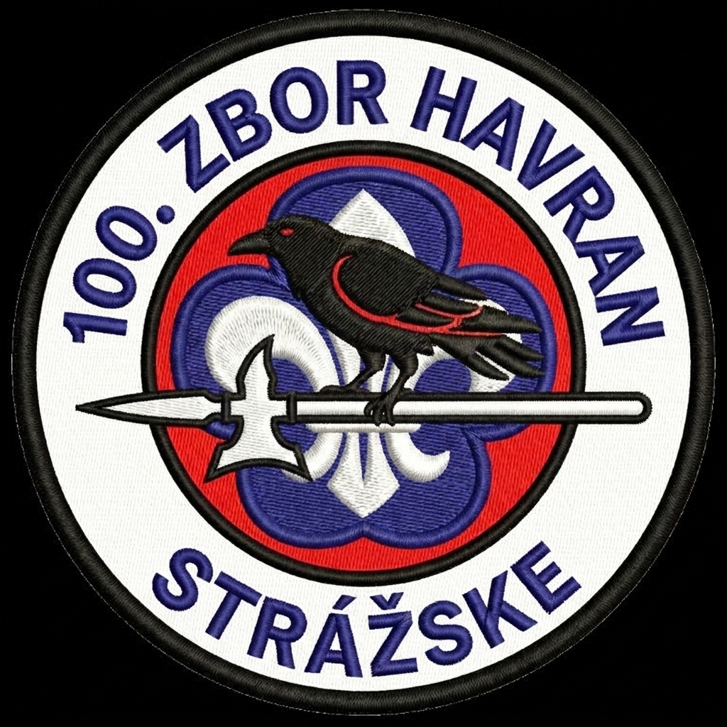 Halapartňa s havranom nižšie, za chrbtom havrana biela skautská ľalia podložená modrým tro — custom patch designed with AI