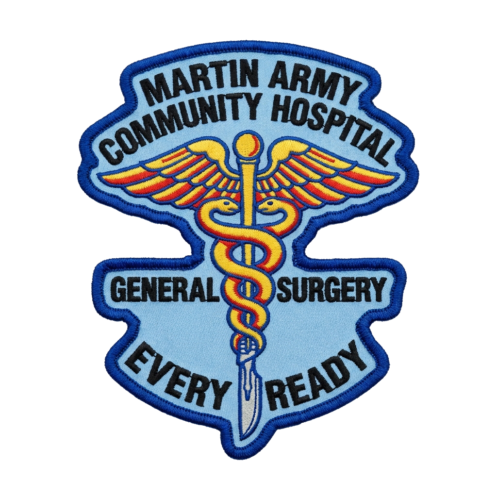 Martin Army Community Hospital, General Surgery, every ready, scalpel, caduceus — custom patch designed with AI