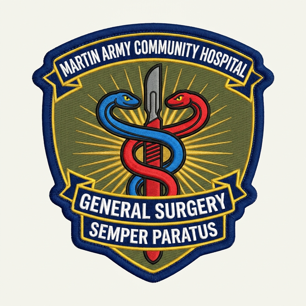 * Circular or shield-style U.S. Army unit patch * Central, prominent caduceus * Blue snake — custom patch designed with AI