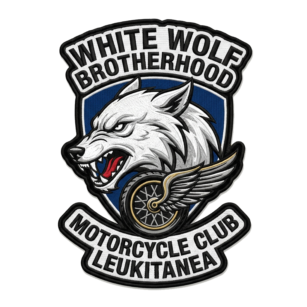 White Wolf Brotherhood Motorcycle Club Leukitanea — custom patch designed with AI
