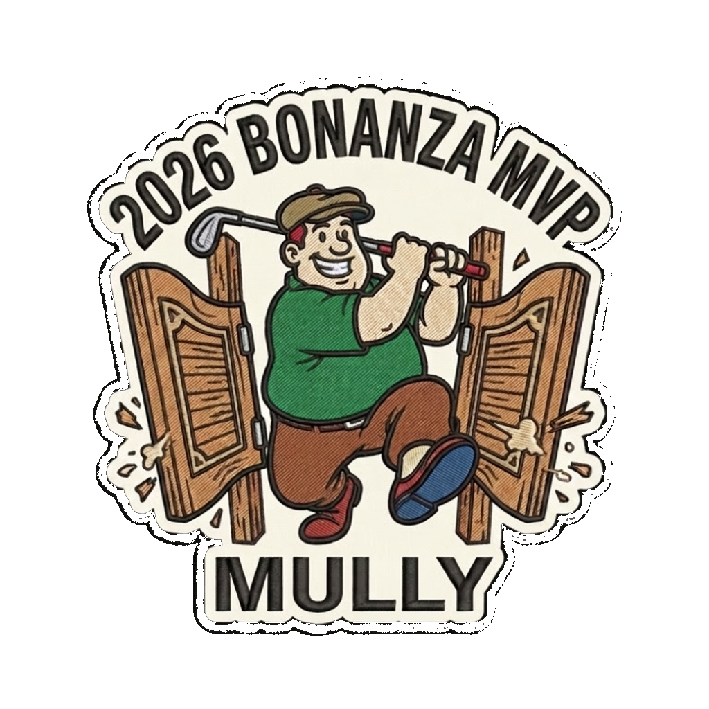 Cartoon golfer coming through saloon doors — custom patch designed with AI