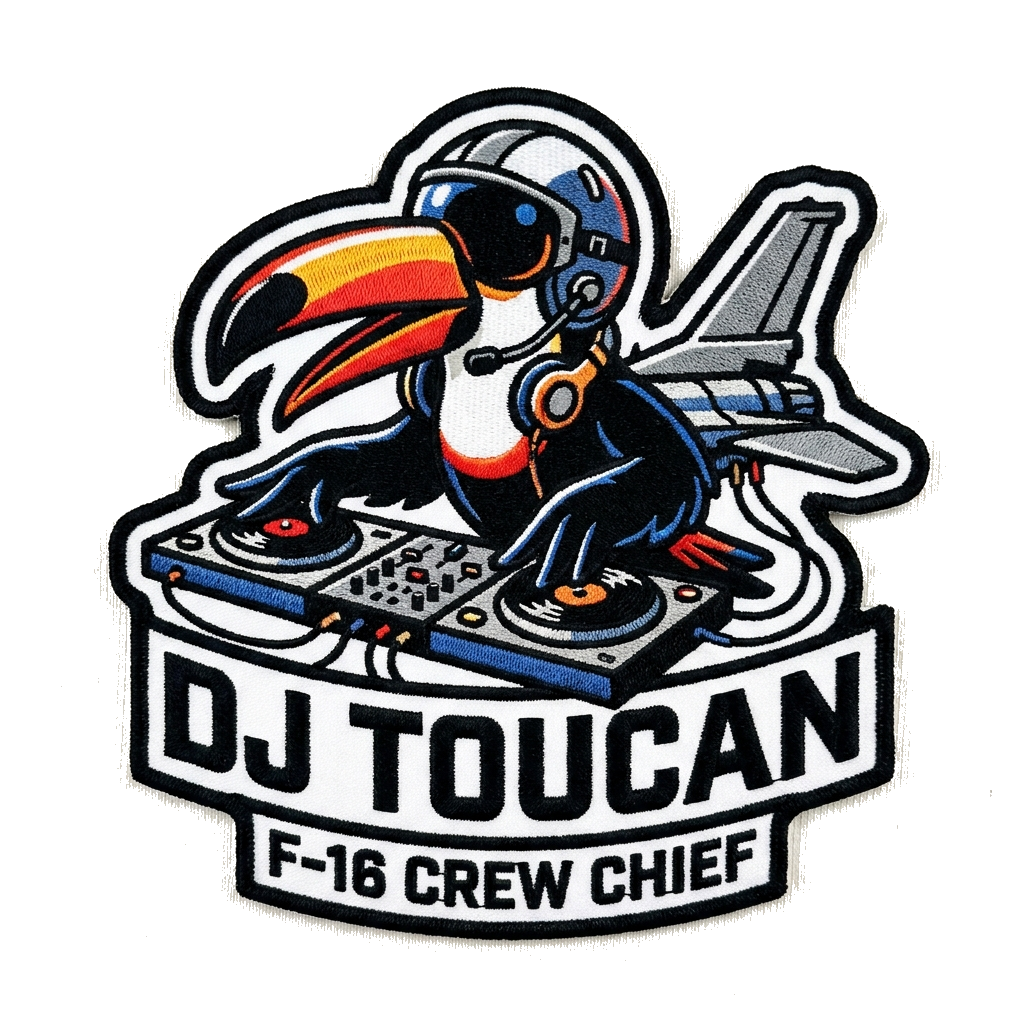 A tucano bird with F-16 crew chief style helmet like a dj .he's connected to the plane but — custom patch designed with AI