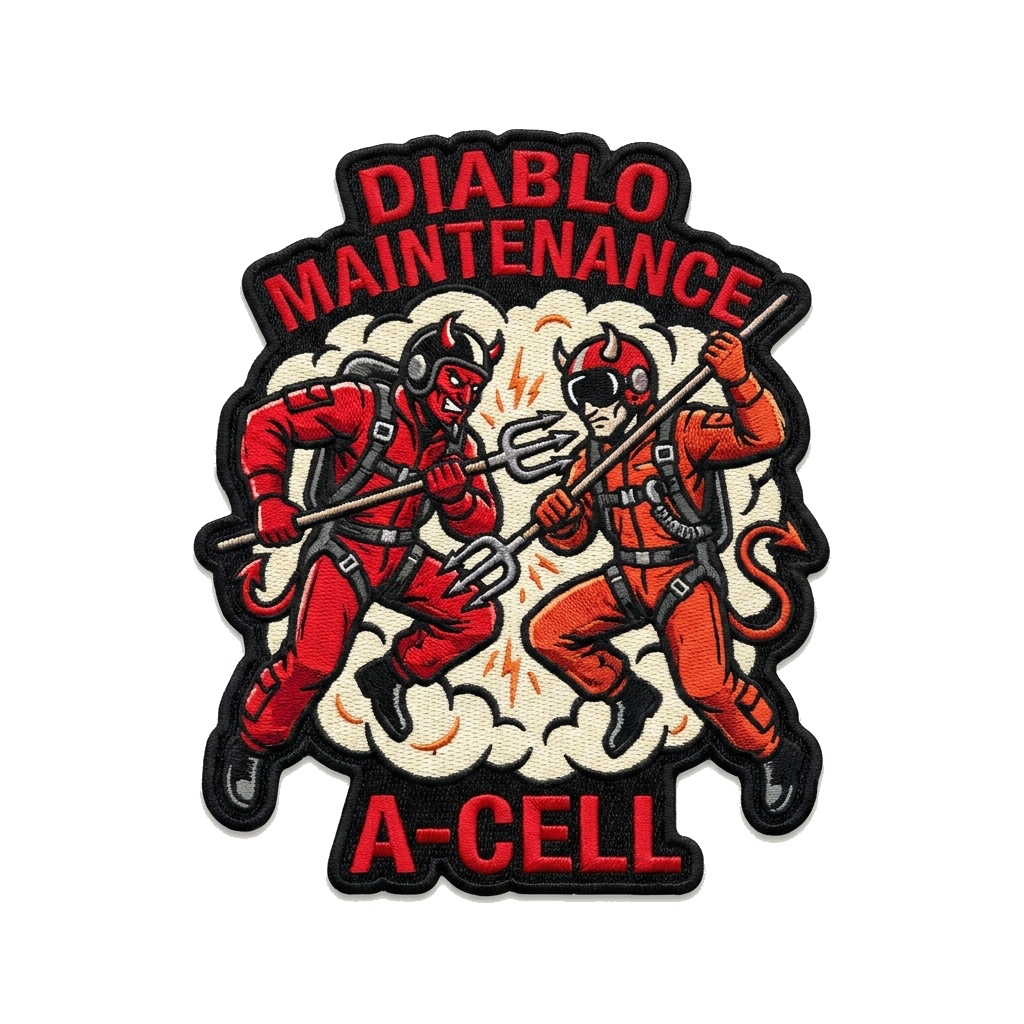 Diablo Maintenance on top in red with black behind it, at bottom A-Cell in red with black  — custom patch designed with AI
