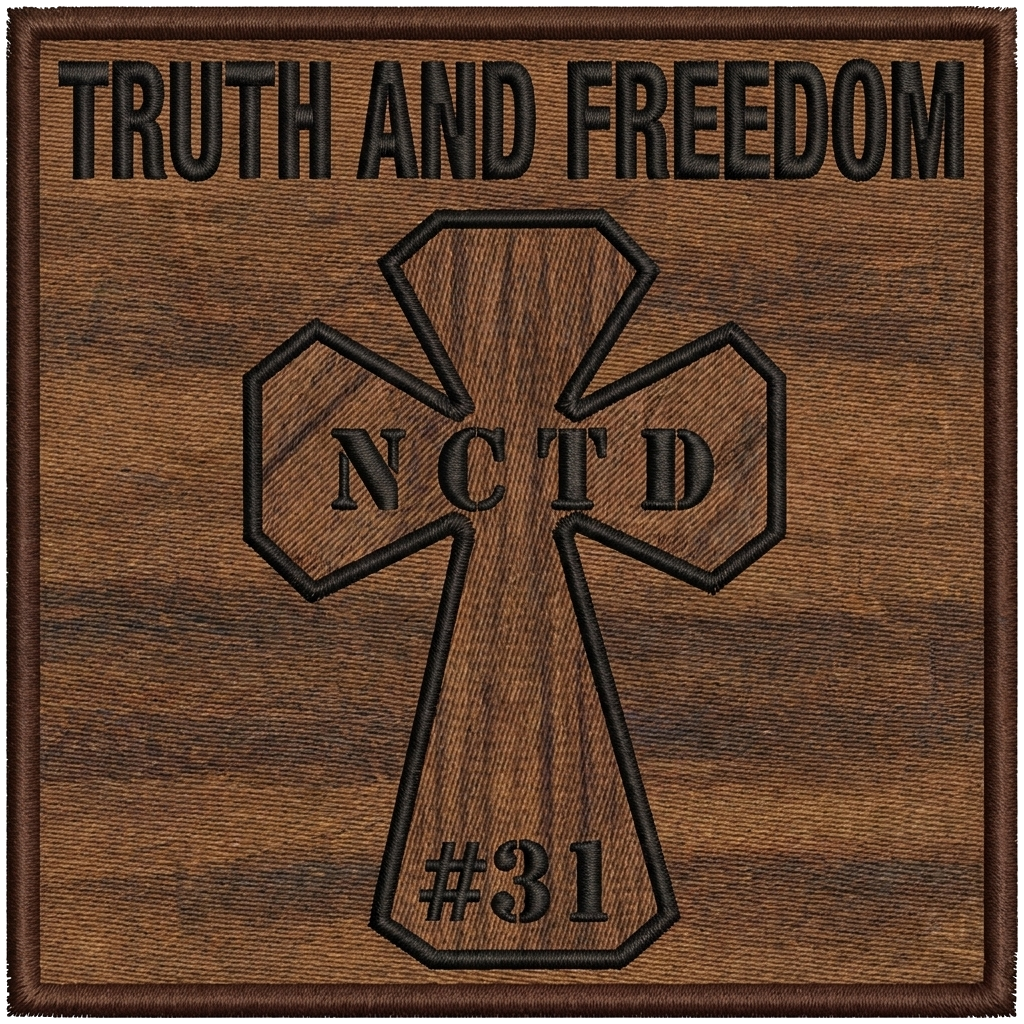 Create a rectangular patch with the tres dias cross in walnut and the words NCTD across th — custom patch designed with AI