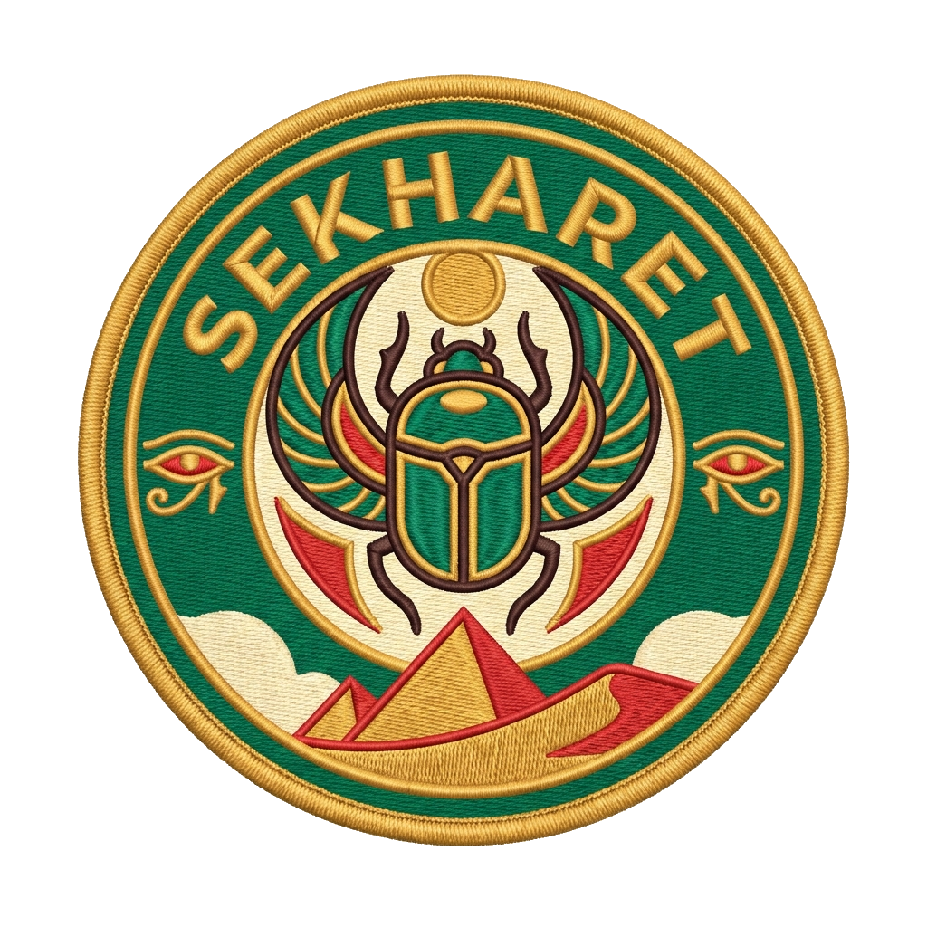 Circular tactical patch, colours gold, emerald, and red accents. Name: SEKHARET. Central s — custom patch designed with AI