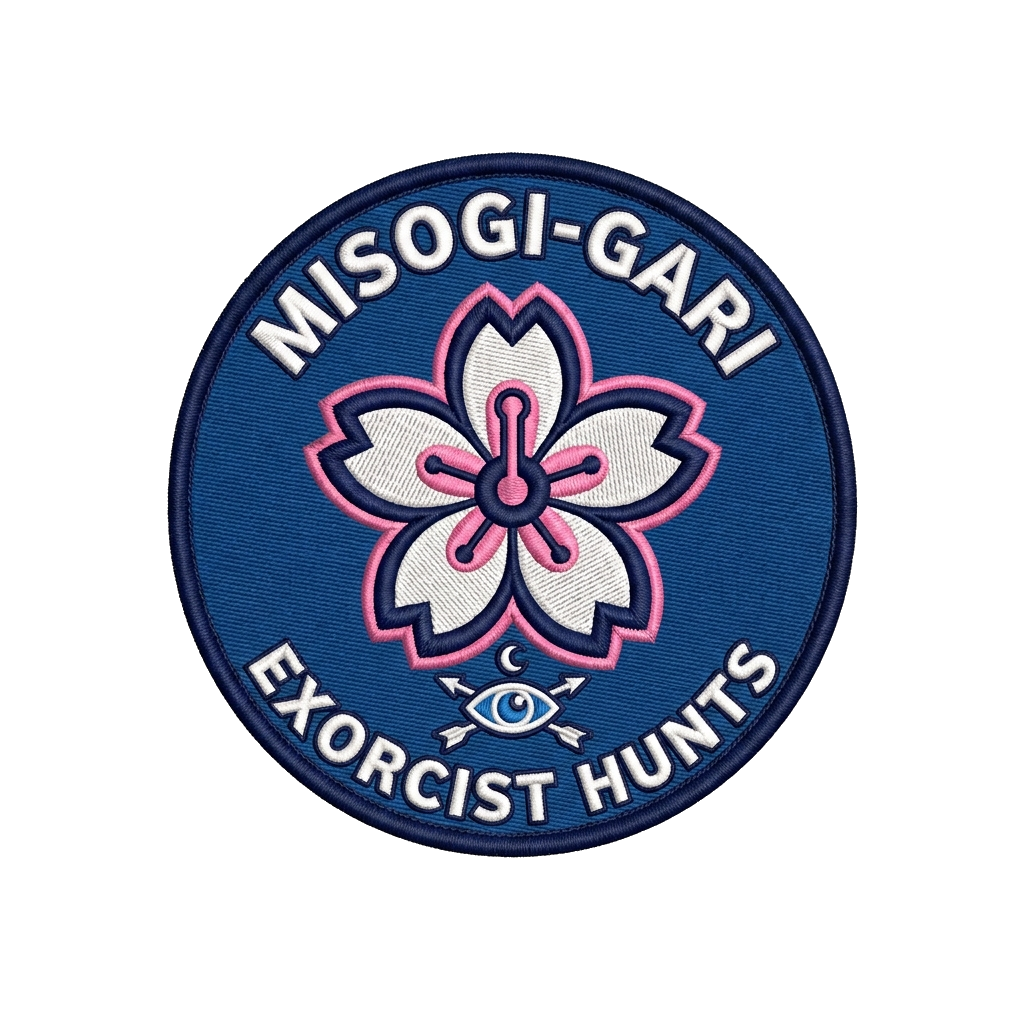 Circular tactical patch, colours blue, white, and pink accents. Name: 禊狩り. Central symbol: — custom patch designed with AI