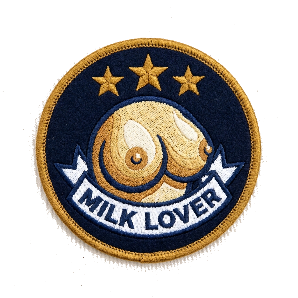 Breasts with 'Milk Lover' banner, stars above, antique gold and navy, circular patch — custom patch designed with AI