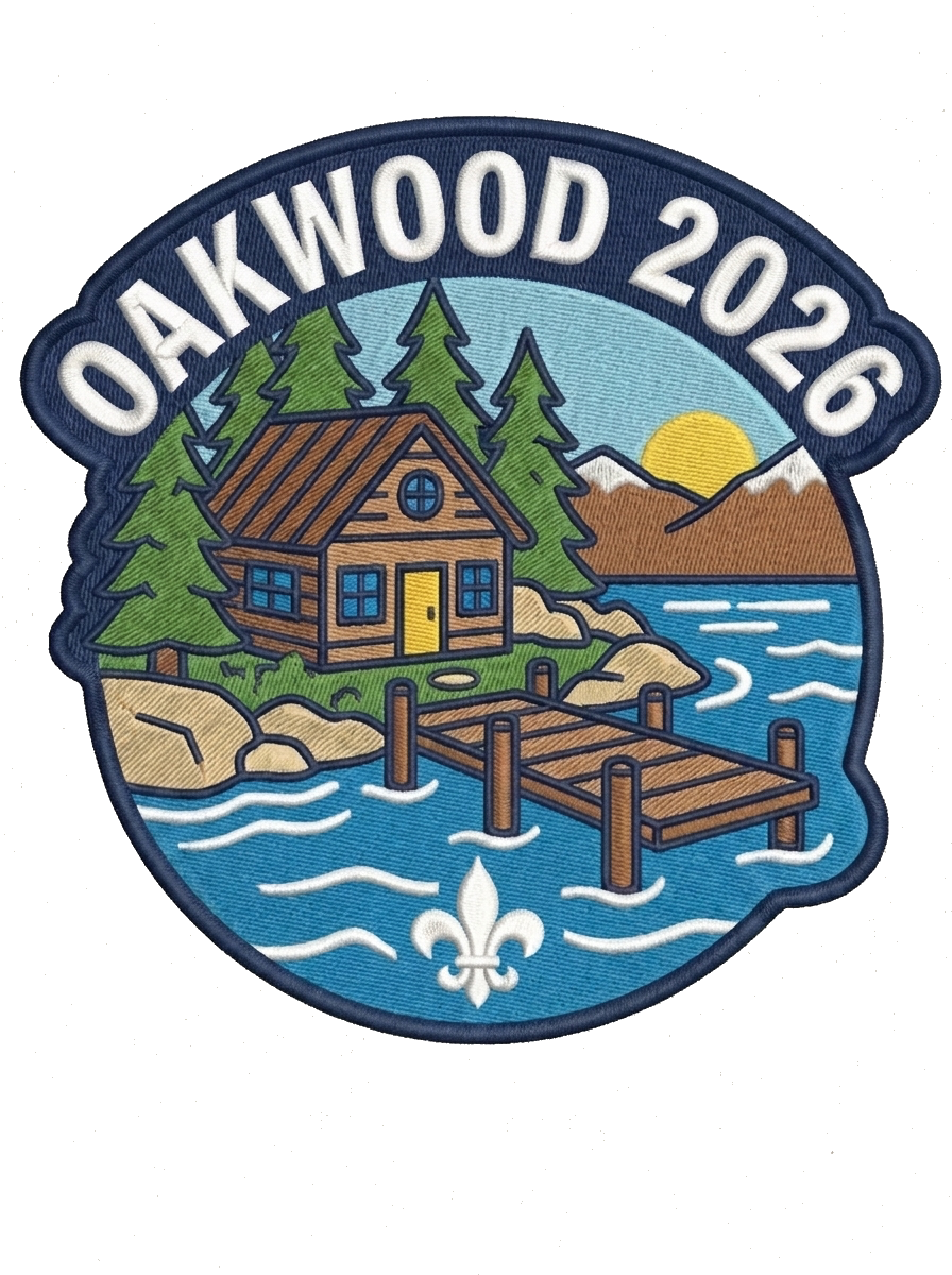 Event / Team: Oakwood 2026 — Main Feature: Cottage dock lake — Width: 6" — Height: 6" — Sh — custom patch designed with AI