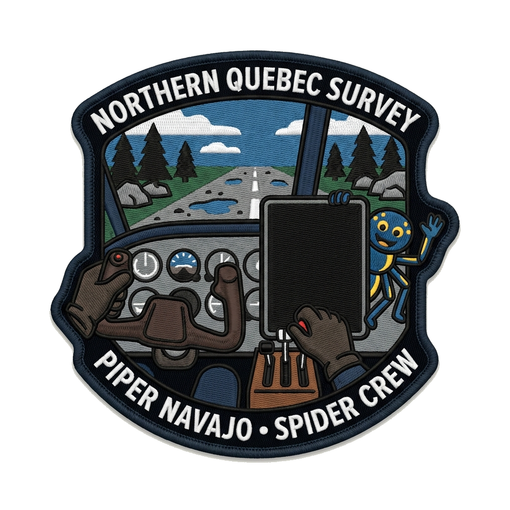 Patch about an inside joke on a aerial survey contract done in north of quebec using piper — custom patch designed with AI