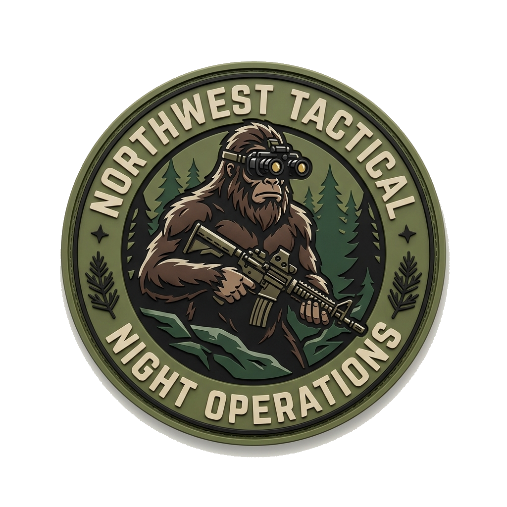 Sasquatch wearing nightvison goggles and holding a rifle and the background with a backgro — custom patch designed with AI