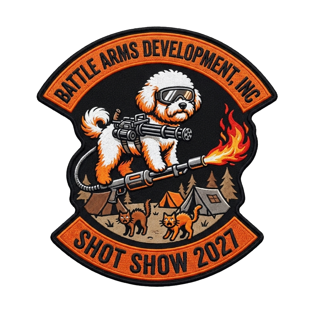 Battle Arms Development, Inc on top Shot Show 2027 on the bottom white and orange Bichon F — custom patch designed with AI