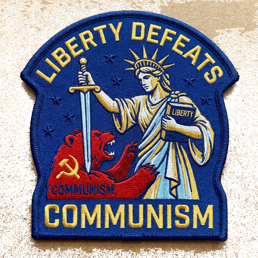 Have Lady Liberty in one hand hold her book, the other hand a sword and she is piercing Co — custom patch designed with AI