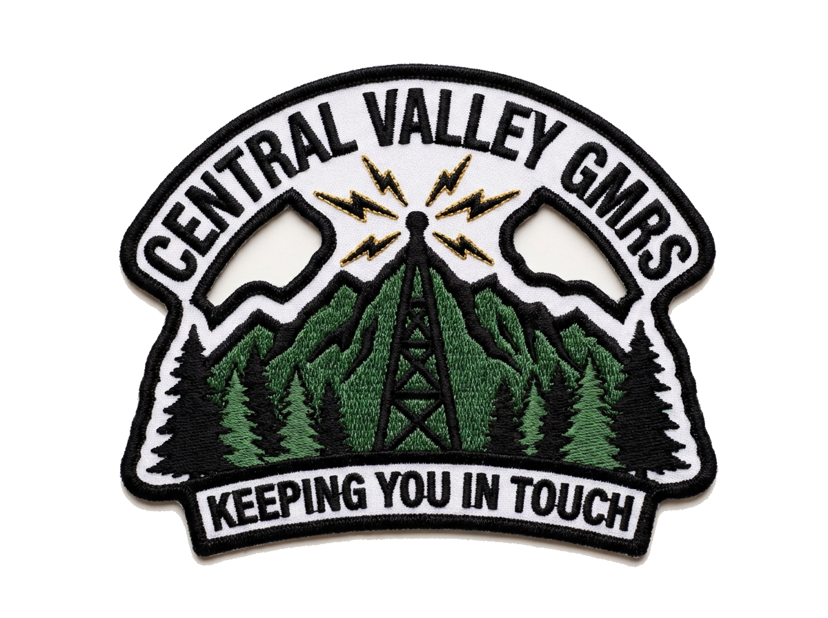 Central Valley GMRS, Keeping You In Touch,mountain with pine trees, radio tower in middle  — custom patch designed with AI