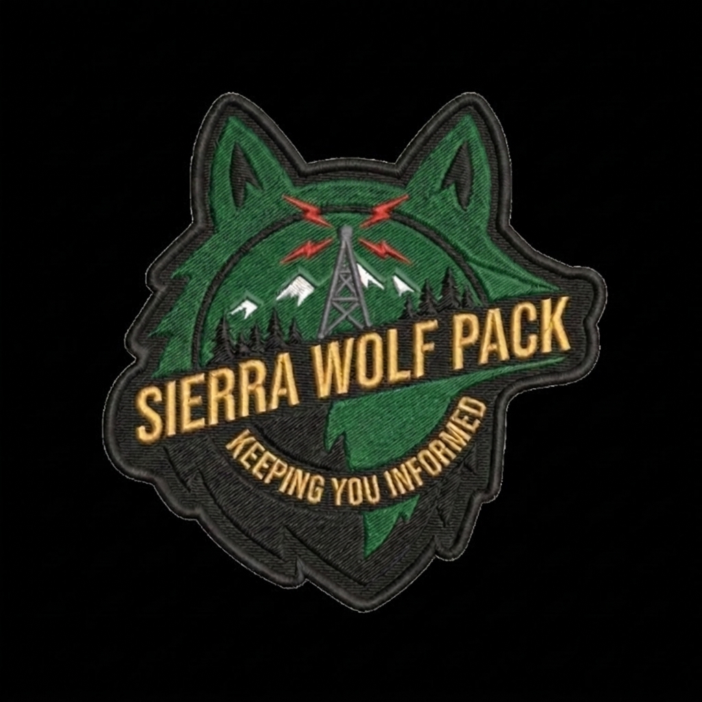 Wolf Head patch outline, mountain with pine trees, grey radio antenna with red lightning b — custom patch designed with AI