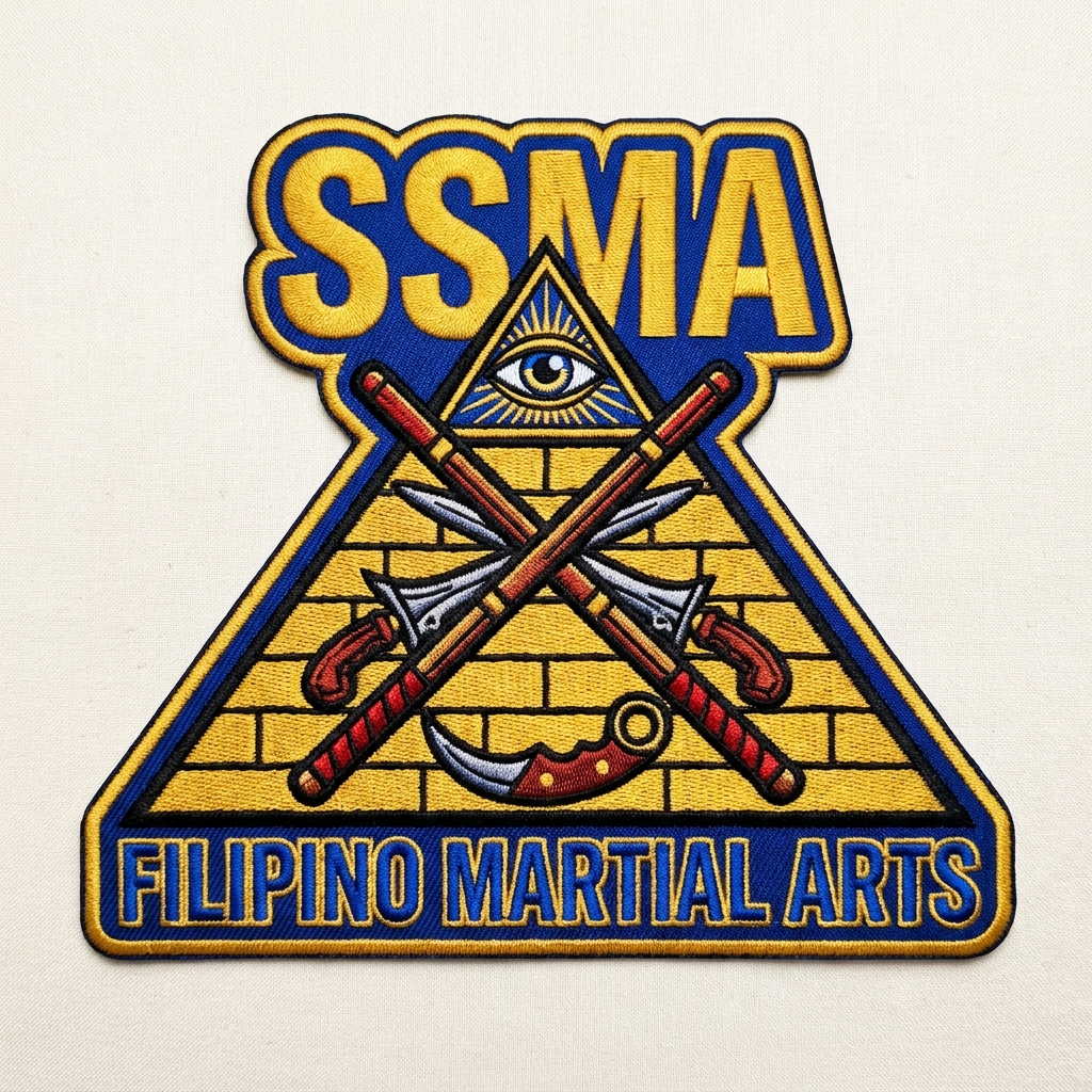 Create a patch for "SSMA" Filipino Martial Arts. Insert a gold Egyptian pyramid in the cen — custom patch designed with AI