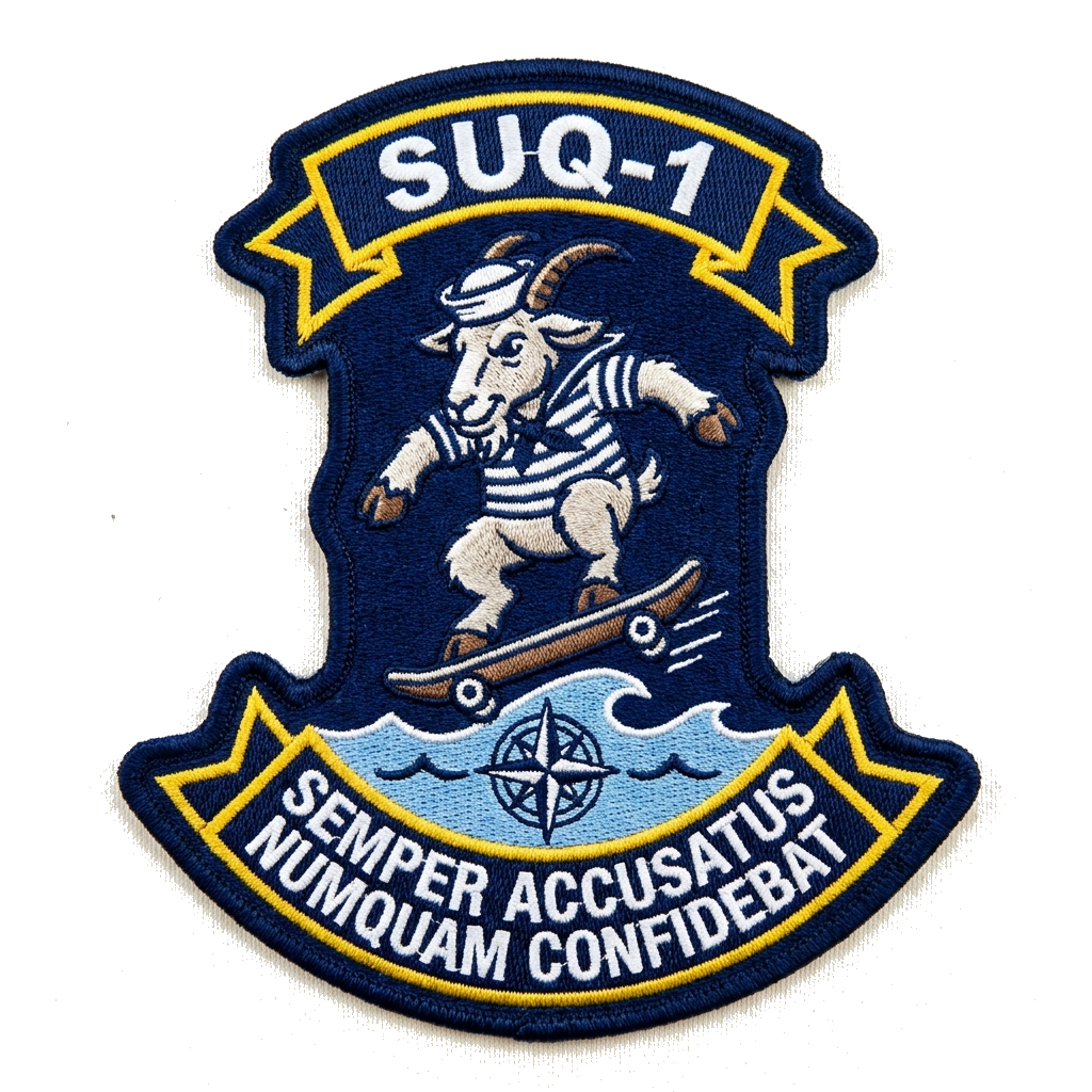 4" x 3" navy shoulder patch with skateboarding goat, upper scroll reading SUQ-1…