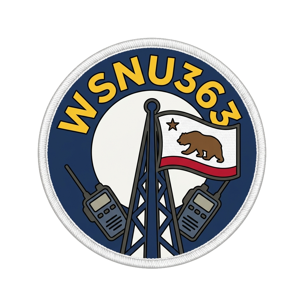 Round GMRS patch with the call sign WSNU363 two mobile radios and GMRS antenna tower flag  — custom patch designed with AI