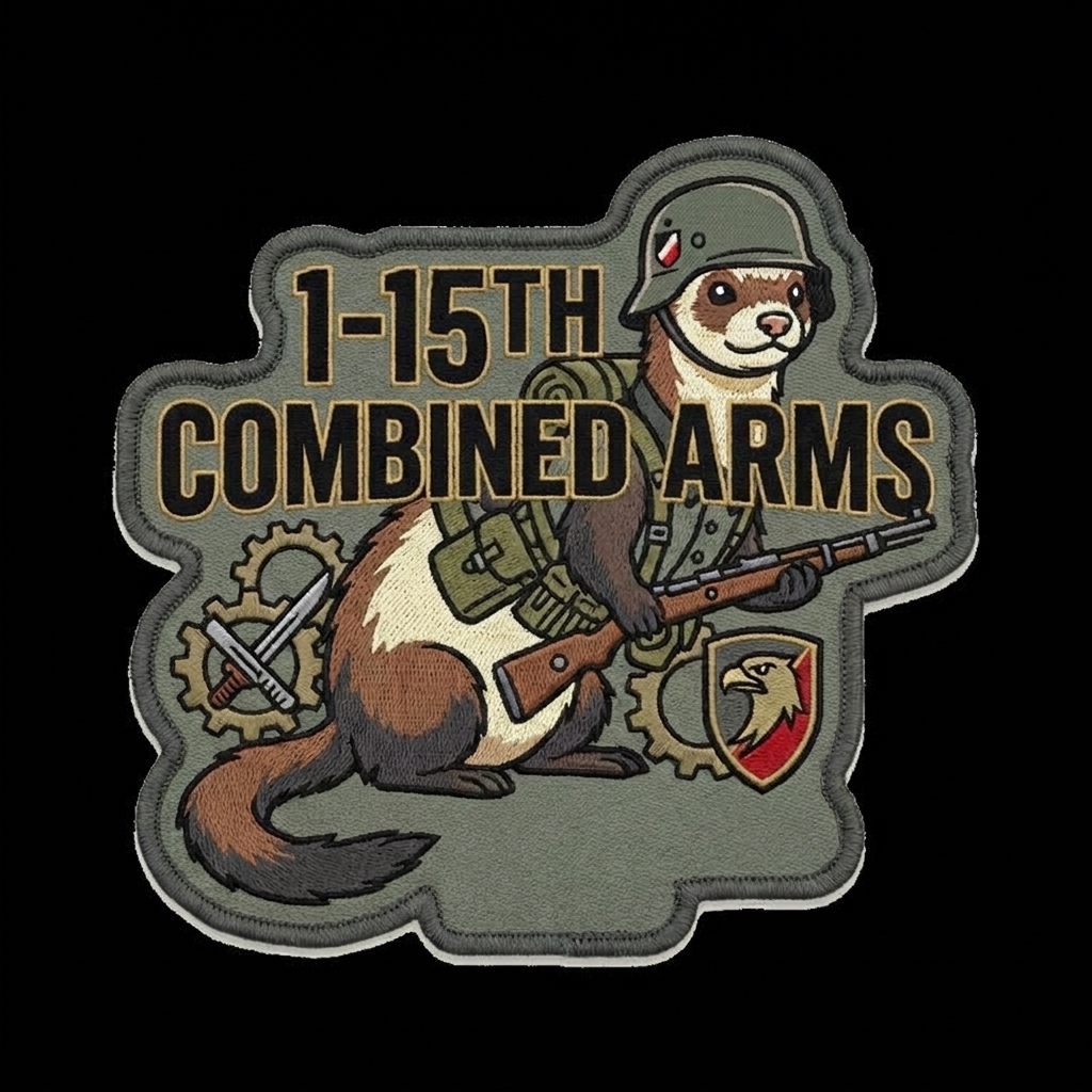 A ferret wearing and using German ww2 gear. with the phrase "1-15th Combined Ar…