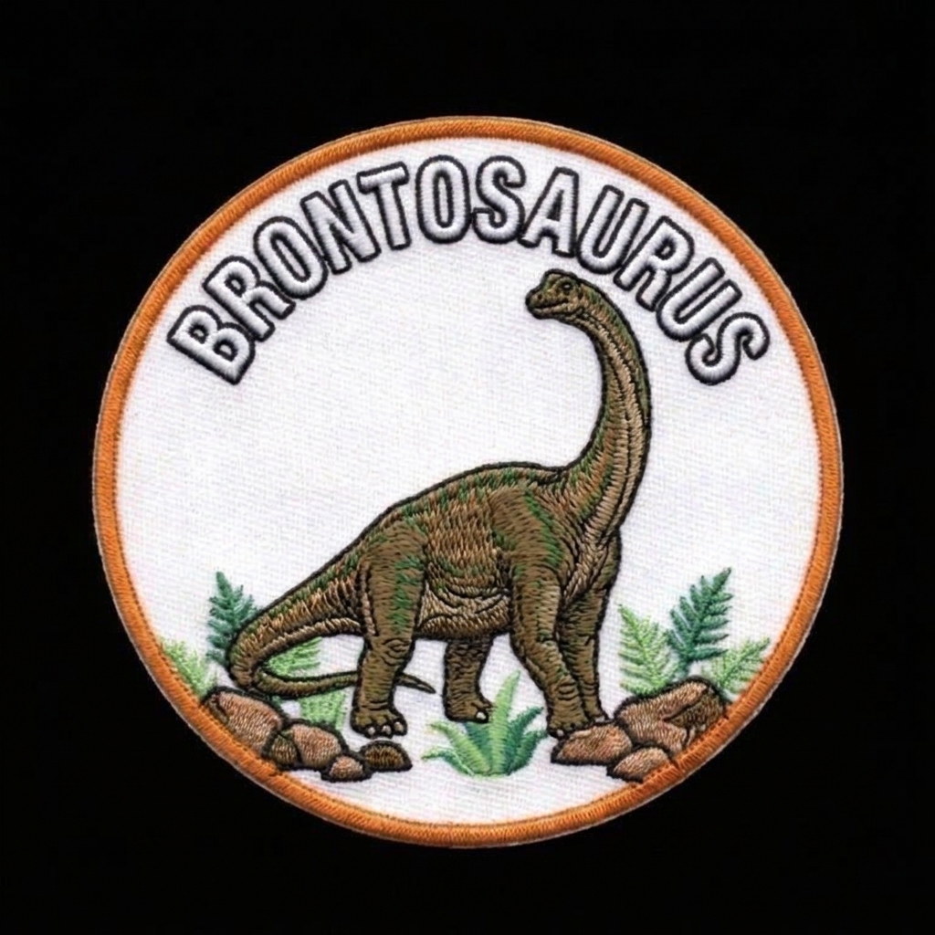Create a round, orange border, realistic dinosaur patch of a brontosaurus — custom patch designed with AI