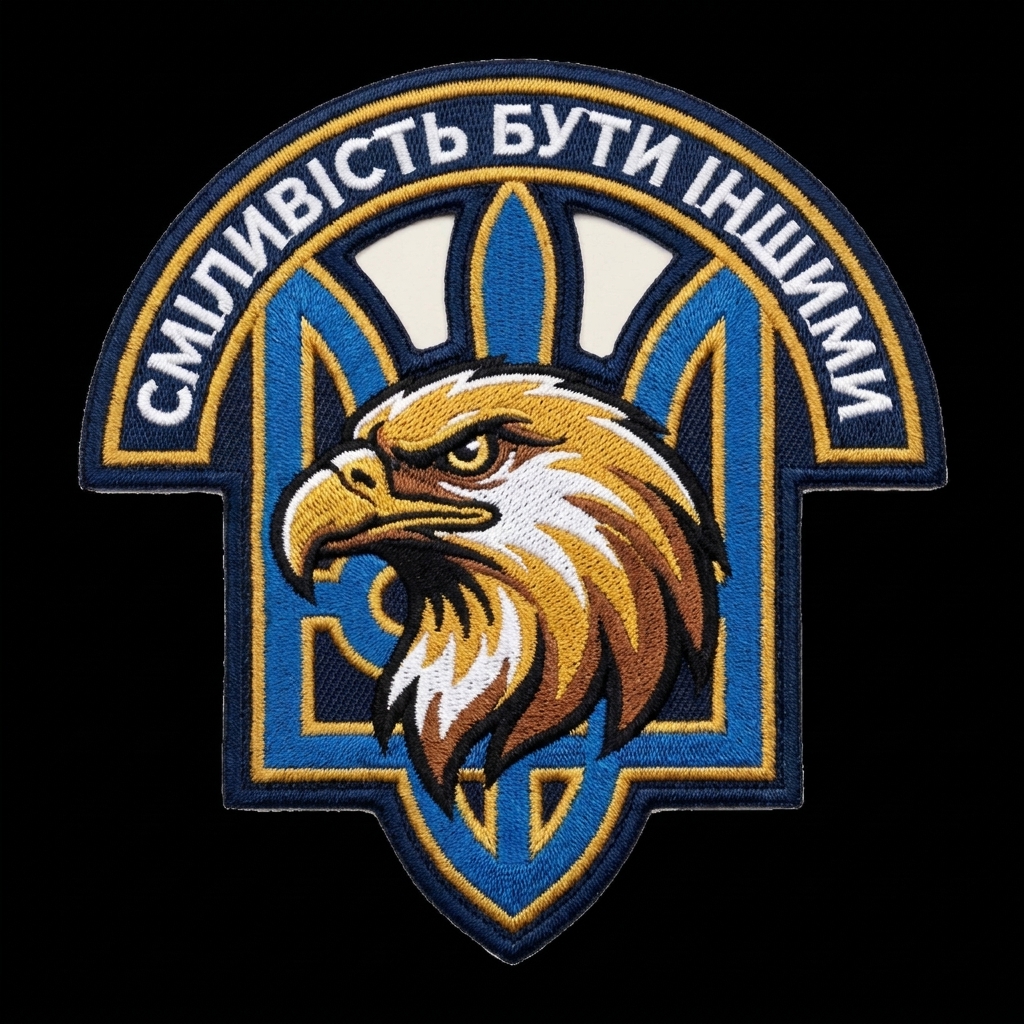 Eagle head with Ukraine Triton in background with the words Dare to be Different in Ukrain — custom patch designed with AI