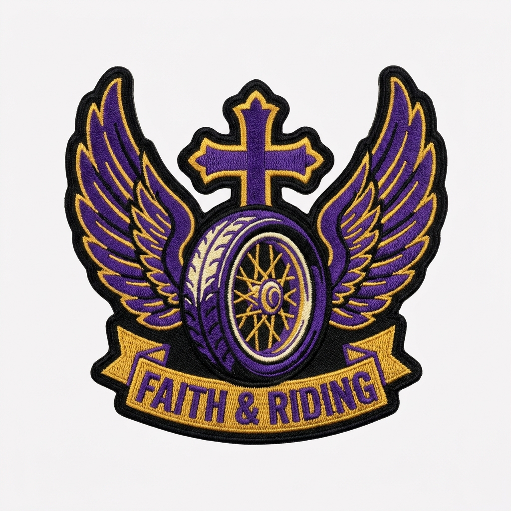 Combining faith with a passion for riding purple and gold — custom patch designed with AI