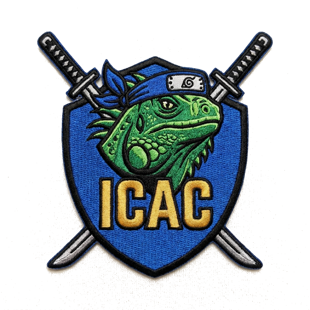 Main Feature: Iguana head wearing naruto headband — Width: 4" — Height: 4" — Shape: Shield — custom patch designed with AI