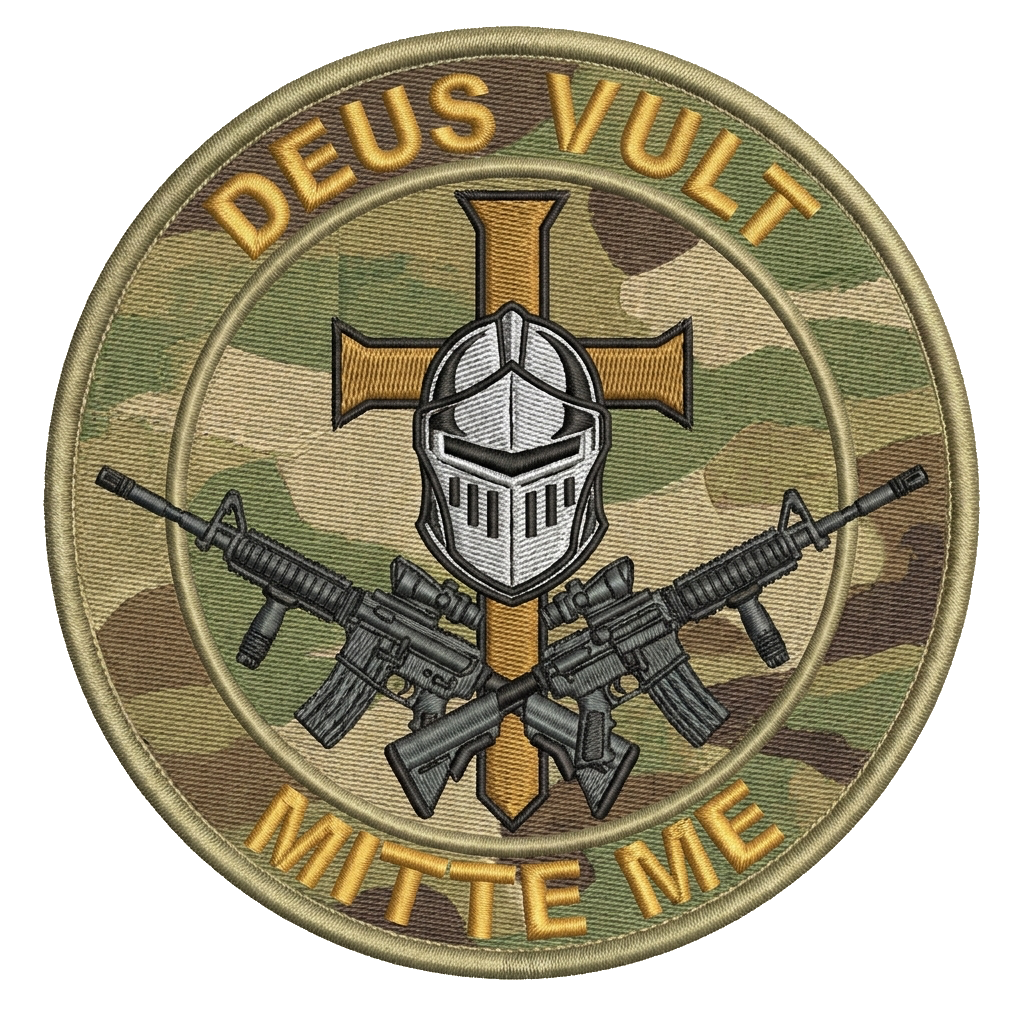 Make a round patch with a knight mask at center. With a tall cross behind him. Crossed m4a — custom patch designed with AI